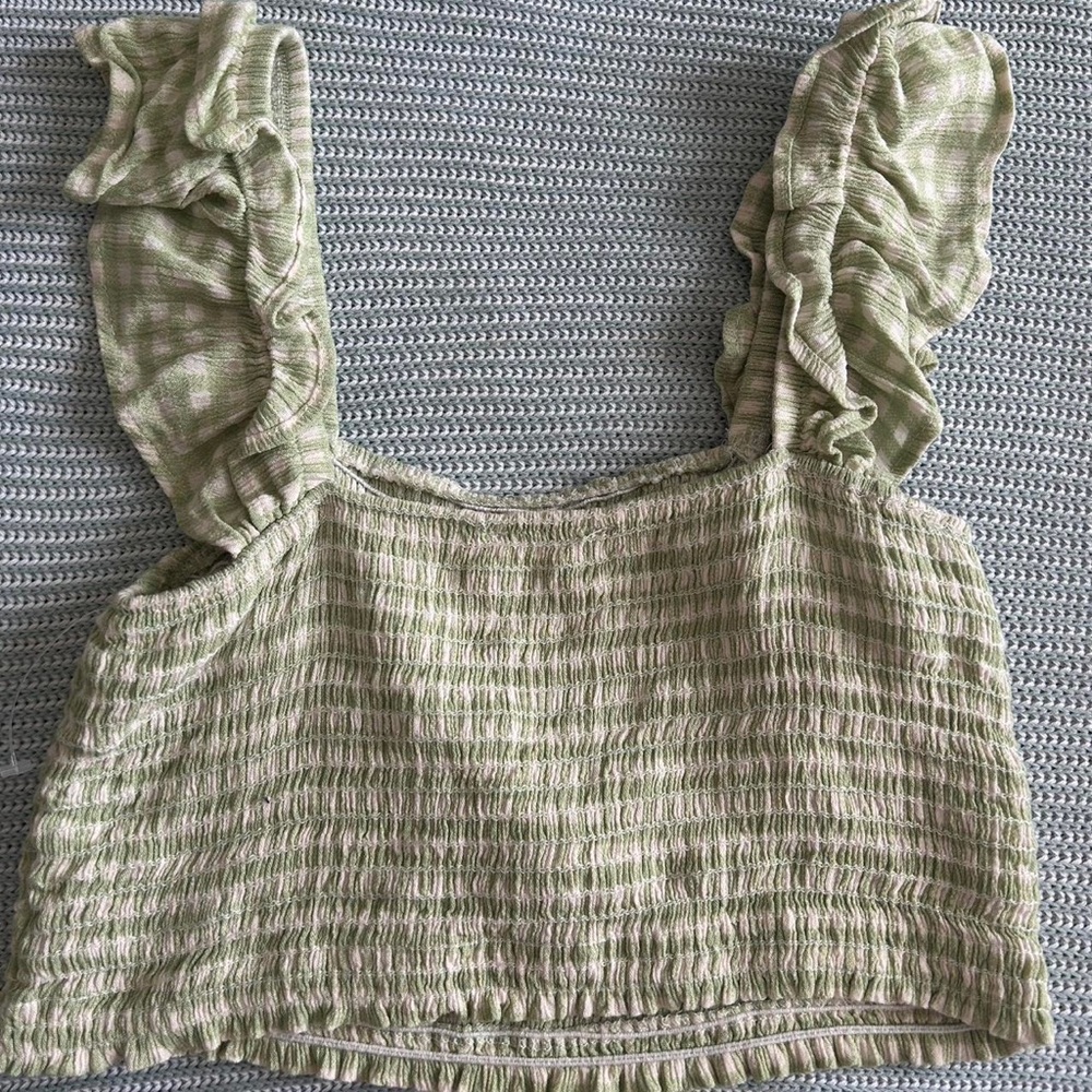 Altar’d State Green Gingham Ruffle Sleeve Top size Large - Picture 5 of 8